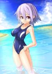  1girl competition_swimsuit grey_hair highres kinakomochi one-piece_swimsuit phantasy_star_online_2 pointy_ears red_eyes short_hair solo swimsuit 