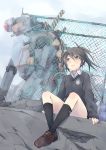  1girl black_hair brown_eyes chain-link_fence fence fu-ta loafers mecha original ponytail shoes sitting socks solo sweater 