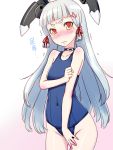  1girl blue_hair blush gochou_(kedama) hair_ribbon kantai_collection long_hair looking_at_viewer murakumo_(kantai_collection) payot ribbon school_swimsuit solo swimsuit tears yellow_eyes 