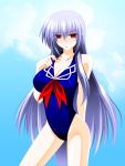  1girl adapted_costume blue_hair blue_swimsuit breasts casual_one-piece_swimsuit cleavage kamishirasawa_keine long_hair no_hat one-piece_swimsuit red_eyes ribbon silver_hair solo swimsuit touhou 
