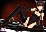 1girl animal_ears bare_shoulders bell black_hair boots breasts cat_ears cat_tail cigarette cleavage cleavage_cutout elbow_gloves gloves long_hair original red_eyes ribbon smoking tail tail_ribbon thigh_boots thighhighs 