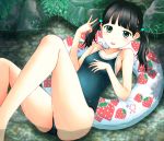  1girl black_hair brown_eyes flat_chest food fruit innertube long_hair neuron_(exceed) original partially_submerged school_swimsuit strawberry swimsuit twintails water 