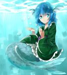  1girl blue_eyes blue_hair fish_tail head_fins in_water japanese_clothes kimono mermaid monster_girl solo touhou tsukikusa wakasagihime 