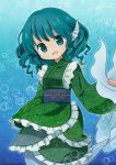 1girl animal_ears blue_eyes blue_hair head_fins holding_tail japanese_clothes long_sleeves mermaid monster_girl obi open_mouth short_hair smile solo touhou wakasagihime