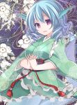  1girl animal_ears asa_(coco) blue_hair head_fins japanese_clothes long_sleeves mermaid monster_girl obi open_mouth red_eyes short_hair smile solo touhou wakasagihime wide_sleeves 