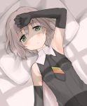  1girl arm_up armpits bed blush dust_box elbow_gloves gloves green_eyes grey_hair lying necktie parted_lips pillow sanya_v_litvyak short_hair sleeveless solo strike_witches sweat 