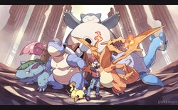  1boy baseball_cap blastoise brown_hair charizard fire hajime_(hajime-ill-1st) hat lapras pikachu pokemon pokemon_(creature) red_(pokemon) snorlax venusaur 