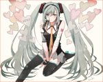  1girl bandages boots character_name collar fingerless_gloves gloves hatsune_miku headset heart k-xaby long_hair necktie sitting skirt solo thigh_boots thighhighs twintails very_long_hair vocaloid 