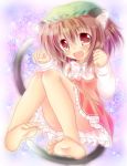  1girl animal_ears barefoot brown_hair cat_ears cat_tail chen fang fukaya_rin gradient gradient_background high_collar jewelry knees_together_feet_apart long_sleeves looking_at_viewer mob_cap multiple_tails open_mouth paw_pose red_eyes short_hair single_earring sitting skirt skirt_set star tail touhou 