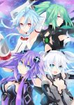  4koma :d absurdres armpits black_heart blue_eyes blue_hair bodysuit breasts choujigen_game_neptune cleavage comic flankoi_(jiqingjie2008) green_hair green_heart highres kami_jigen_game_neptune_v open_mouth purple_hair purple_heart red_eyes smile symbol-shaped_pupils violet_eyes white_heart 