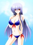  1girl bikini blue_hair breasts engo_(aquawatery) kamishirasawa_keine long_hair red_eyes ribbon silver_hair solo swimsuit touhou 