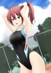  1girl armpits arms_up blush breasts competition_swimsuit free! fuuma_nagi long_hair looking_at_viewer matsuoka_gou one-piece_swimsuit ponytail red_eyes redhead smile solo swimsuit 