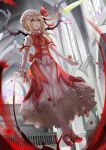  1girl absurdres adapted_costume ascot blonde_hair blood church flandre_scarlet flying_sweatdrops hat hat_ribbon highres kabaneneko layered_skirt open_mouth pointy_ears puffy_sleeves red_eyes red_shoes ribbon shirt shoes short_sleeves side_ponytail skirt skirt_set solo stained_glass touhou vest wings wrist_cuffs 