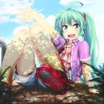  1girl ahoge arm_support arm_up clouds digital_media_player earphones earphones green_eyes green_hair hatsune_miku highres long_hair open_mouth shorts sitting sky solo tom_(drpow) twintails vocaloid 