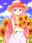  1girl bow braid clouds dress flower green_eyes hat ia_(vocaloid) koishi_(0822xxx) long_hair pink_hair straw_hat sunflower vocaloid 