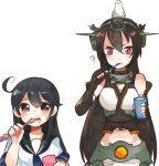  2girls ? animal_on_head bird bird_on_head black_hair brushing_teeth elbow_gloves fingerless_gloves gloves kantai_collection long_hair multiple_girls nagato_(kantai_collection) open_mouth personification red_eyes ringetsumon school_uniform serafuku ushio_(kantai_collection) white_background 