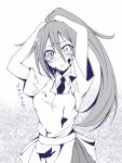  1girl apron arms_up blush breasts heterochromia long_hair looking_at_viewer monochrome original ponytail rebecca_archein solo suterii very_long_hair 