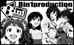  4girls amami_haruka dress earrings ganaha_hibiki grin idolmaster jewelry kisaragi_chihaya long_hair monochrome multiple_girls open_mouth promo_poster ribbon short_hair short_twintails smile takatsuki_yayoi taku1122 twintails 