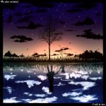  1girl animal_ears bare_tree bird border cat cat_ears cat_tail chokoaniki clouds english holding_hands landscape nature original reflection scenery shadow silhouette sky star_(sky) starry_sky sunset tagme tail tree 