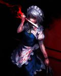 1girl apron between_fingers blood blood_on_face bloody_clothes bloody_hands bloody_knife blue_dress braid crazy_smile darkness dress flaming_sword glowing glowing_eyes highres izayoi_sakuya knife looking_at_viewer maid maid_headdress puffy_sleeves red_eyes shirt short_sleeves silver_hair solo spark621 touhou twin_braids waist_apron 