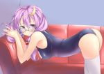  1girl ass bespectacled breasts couch crescent glasses long_hair patchouli_knowledge purple_hair sitting solo spirytus_tarou thighhighs thighs touhou violet_eyes white_legwear 
