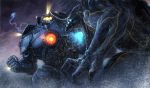  battle clenched_hand gipsy_danger glowing highres kaijuu knifehead lightning mecha monster no_humans ocean pacific_rim science_fiction super_robot tatsuya_(atelier_road) 