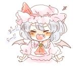  1girl ascot bat_wings blue_hair blush brooch chibi closed_eyes dress fangs hat hat_ribbon jewelry maru_usagi open_mouth pink_dress puffy_sleeves remilia_scarlet ribbon short_sleeves simple_background solo squiggle touhou translated uu~ white_background wings 