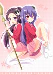  2girls artist_request black_hair blush broom choker dressing elsea_de_lute_irma hair_ornament haqua_du_lot_herminium highres kami_nomi_zo_shiru_sekai long_hair looking_at_viewer multiple_girls open_mouth ponytail purple_hair red_eyes school_uniform shiny shiny_hair skirt skull_hair_ornament thigh-highs violet_eyes white_legwear 