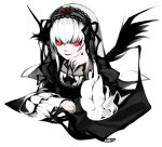  1girl flower glowing glowing_eyes gothic_lolita grin hairband head_rest lolita_fashion lolita_hairband long_hair mtyy red_eyes rose rozen_maiden silver_hair smile solo suigintou white_background wings 