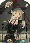  1girl blet blonde_hair breasts cleavage english fang gloves green_eyes hat jewelry lamppost navel necktie original princess_royale ring twintails u283 white_gloves witch_hat 