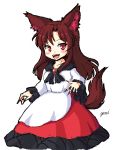 1girl animal_ears brooch brown_hair fingernails gomi_(gomitin) imaizumi_kagerou jewelry long_fingernails long_hair long_sleeves open_mouth red_eyes red_nails shirt signature simple_background skirt smile solo tail touhou white_background wide_sleeves wolf_ears wolf_tail 