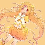  1girl boots bow brooch bubble_skirt choker circlet cure_muse_(yellow) dress frills hair_ribbon heart jewelry knee_boots long_hair magical_girl orange_background orange_hair precure ribbon shirabe_ako smile solo suite_precure yellow_dress 
