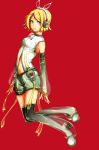  1girl absurdres blonde_hair breasts colored headphones highres kagamine_rin looking_at_viewer peruri red_background short_hair simple_background smile solo vocaloid 