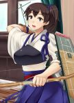  1girl archery bow_(weapon) brown_eyes brown_hair gloves hai_ookami highres japanese_clothes kaga_(kantai_collection) kantai_collection kyuudou long_hair muneate open_mouth personification side_ponytail solo sweat weapon 