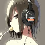  1girl brown_eyes brown_hair candy character_request face headphones lollipop product_placement short_hair sky_(freedom) solo sony 
