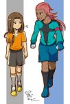  2boys armband brown_hair dark_skin dragonlink gloves goalkeeper inazuma_eleven_(series) inazuma_eleven_go kurosaki_makoto long_hair male mizuhara_aki multiple_boys open_mouth pink_hair seidouzan senguuji_yamato soccer_uniform translation_request 