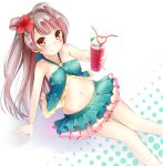  1girl artist_request bikini blush breasts brown_eyes brown_hair drink flower heart long_hair love_live!_school_idol_project minami_kotori navel side_ponytail solo swimsuit topknot 