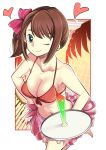  1girl apron bikini brown_hair drink highres medamayaki original short_hair side_ponytail solo swimsuit tray wink 