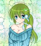  1girl alternate_hairstyle azusanae bare_shoulders blue_eyes breasts cleavage colored frog_hair_ornament green_hair hair_ornament highres kochiya_sanae large_breasts long_hair ponytail ribbed_sweater smile snake solo sweater touhou 