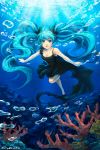  1girl 2013 aqua_eyes aqua_hair artist_name barefoot bubble coral darkblue1112 dated dress hatsune_miku highres long_hair shinkai_shoujo_(vocaloid) solo submerged twintails underwater very_long_hair vocaloid 