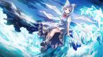  1girl blue_dress blue_eyes blue_hair bow cirno clouds dress hair_bow highres ice ice_wings looking_at_viewer mountain puffy_sleeves risutaru shirt short_sleeves sitting sky smile solo sunset touhou wings 