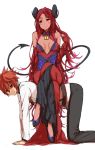  1boy 1girl all_fours bare_shoulders blush braid breasts cleavage crossed_legs demon_tail detached_collar folth horns lock owner_(summon_night) red_eyes redhead sitting sitting_on_person smile summon_night summon_night_5 tail yanagida_fumita 