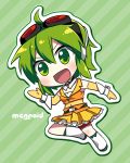  1girl :d ahoge caffein character_name chibi goggles goggles_on_head green_eyes green_hair gumi headphones headphones_around_neck navel open_mouth short_hair skirt smile solo vocaloid wrist_cuffs 