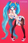  1girl aqua_eyes aqua_hair bracelet character_name china_dress chinese_clothes hand_on_own_chest hatsune_miku high_heels jewelry leaning_forward long_hair pantyhose pigeon-toed solo tenyoku_no_soubei twintails very_long_hair vocaloid 