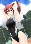  1girl arms_up competition_swimsuit free! fuuma_nagi long_hair matsuoka_gou one-piece_swimsuit ponytail red_eyes redhead solo swimsuit 