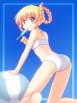  1girl ass ball beachball bikini blonde_hair blue_eyes braid long_hair mouth_hold pani_poni_dash! popsicle rebecca_miyamoto swimsuit twin_braids utomo 