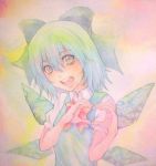  1girl acrylic_paint_(medium) blue_hair bow cirno eyelashes graphite_(medium) hair_bow heart heart-shaped_pupils heart_hands highres ice ice_wings portrait short_hair smile solo symbol-shaped_pupils teeth touhou traditional_media watercolor_(medium) wings yuyu_(00365676) 