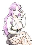  1girl breasts cleavage crossed_legs glasses huge_breasts pink_eyes purple_hair simple_background sitting smile solo ueyama_michirou white_background 