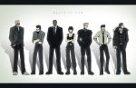  1girl 6+boys armor beard black_hair bob_cut bodysuit cane coat copyright_name drivesuit facial_hair formal ghost_in_the_shell ghost_in_the_shell_lineup ghost_in_the_shell_stand_alone_complex glasses grin hannibal_chau herman_gottlieb jacket jewelry letterboxed lineup magehikari mako_mori multiple_boys mustache necklace necktie newton_geiszler pacific_rim parody raleigh_becket short_hair smile stacker_pentecost suit tattoo tendo_choi 