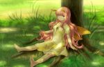  1girl akiduhaniwa antennae barefoot blue_eyes dress grass insect_girl insect_wings long_hair moth_wings original pink_hair sitting solo tree wings 